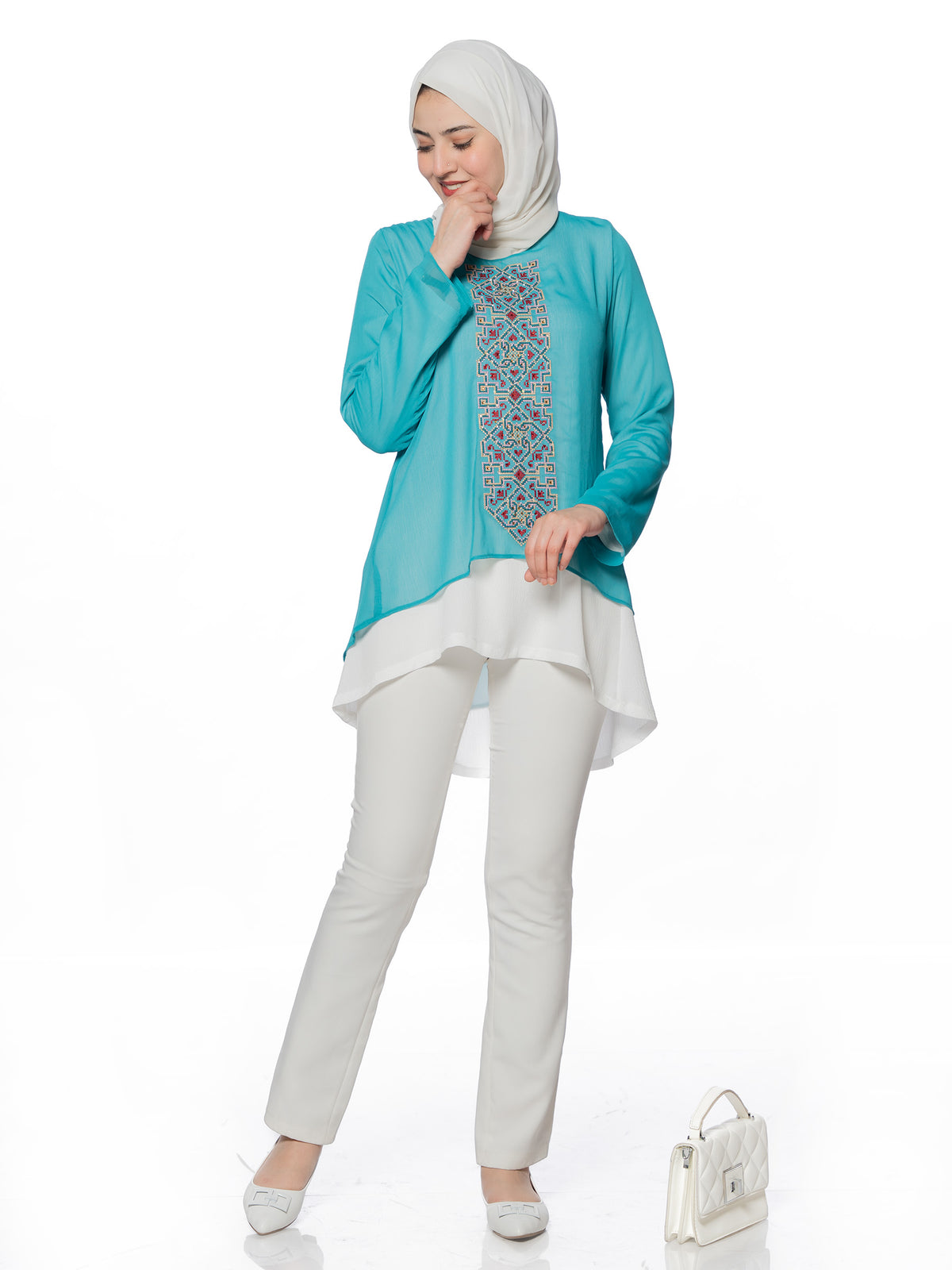 Embroidered Blouse in Maroon, Beige & Blue