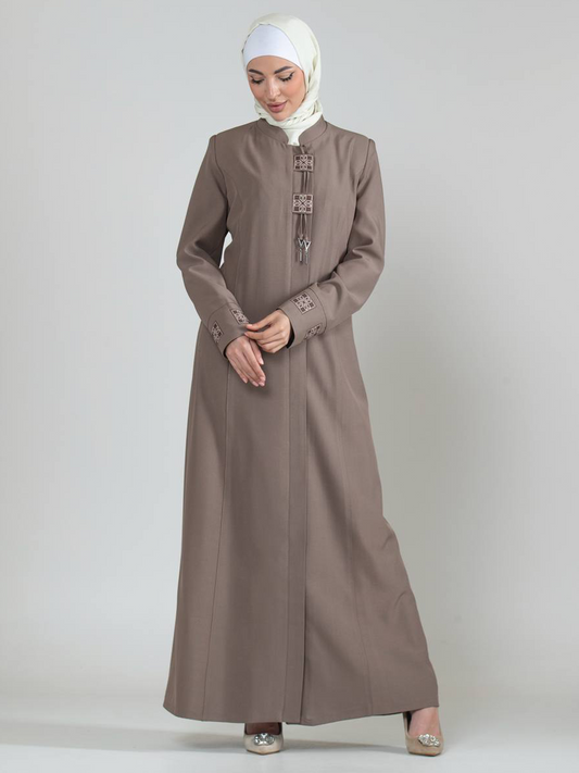 Embroidered Patch Jilbab with Tassel - Taupe