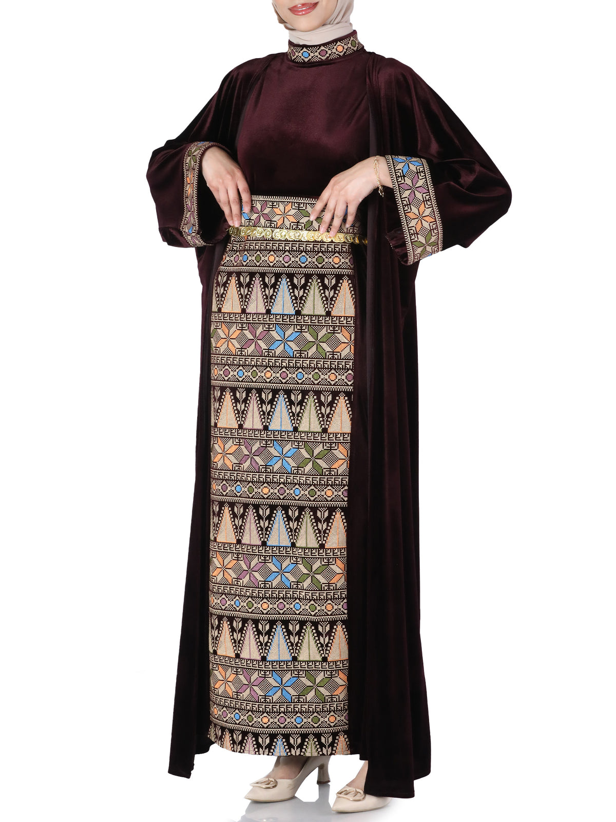 Rahaf Velvet Bisht with Golden Metal Belt