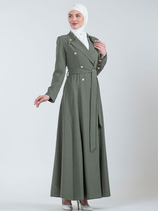 Double-Breasted Belted Trench Jilbab - Olive