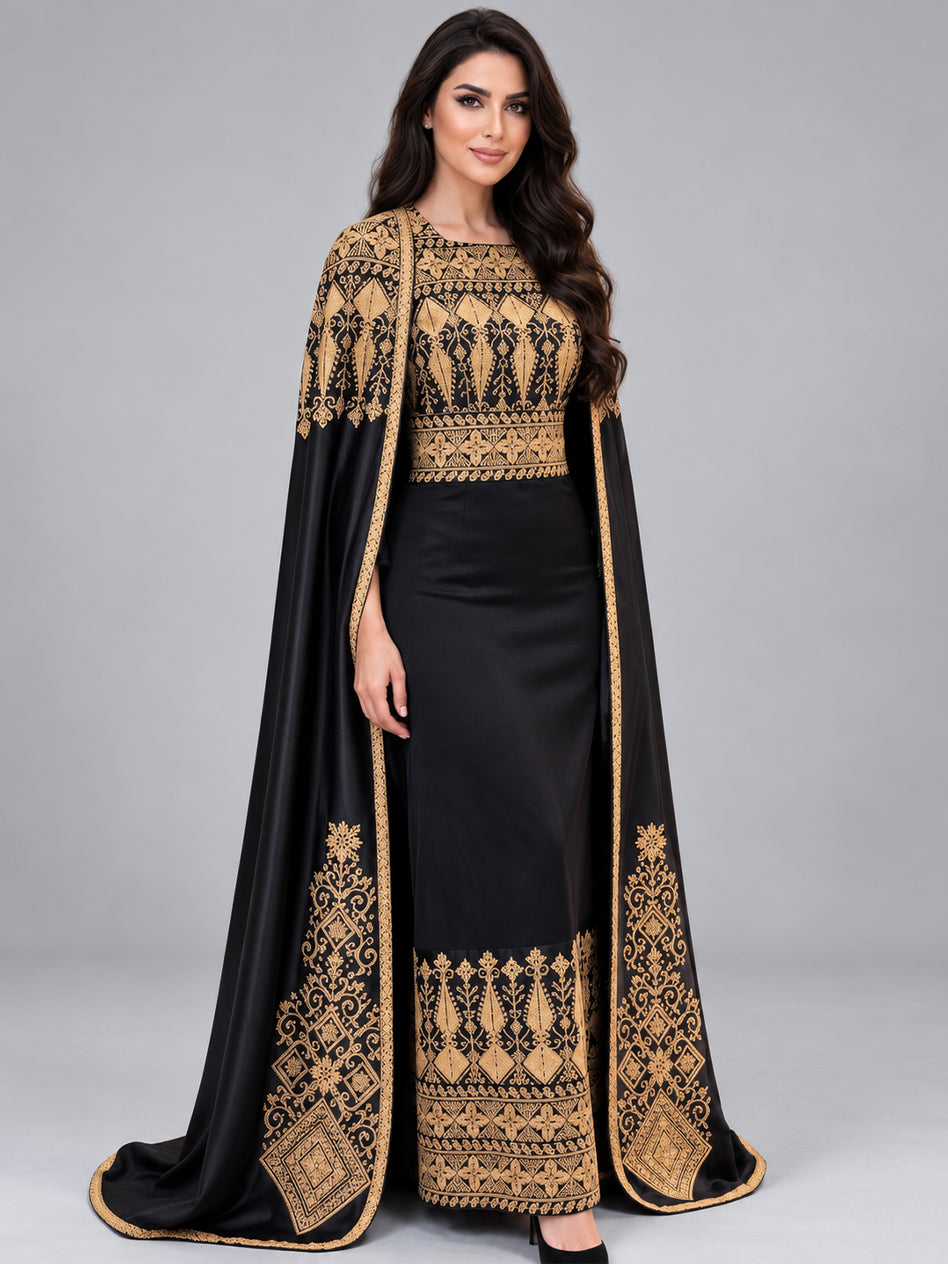 Malika embroidered thobe with cape - Black & Gold