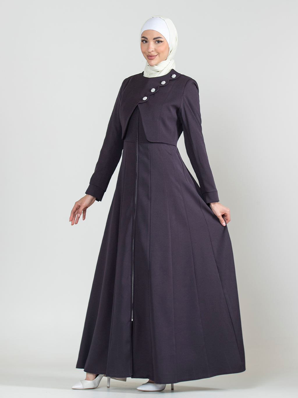 Asymmetric Button Jilbab with Front Zip - Dark Purple