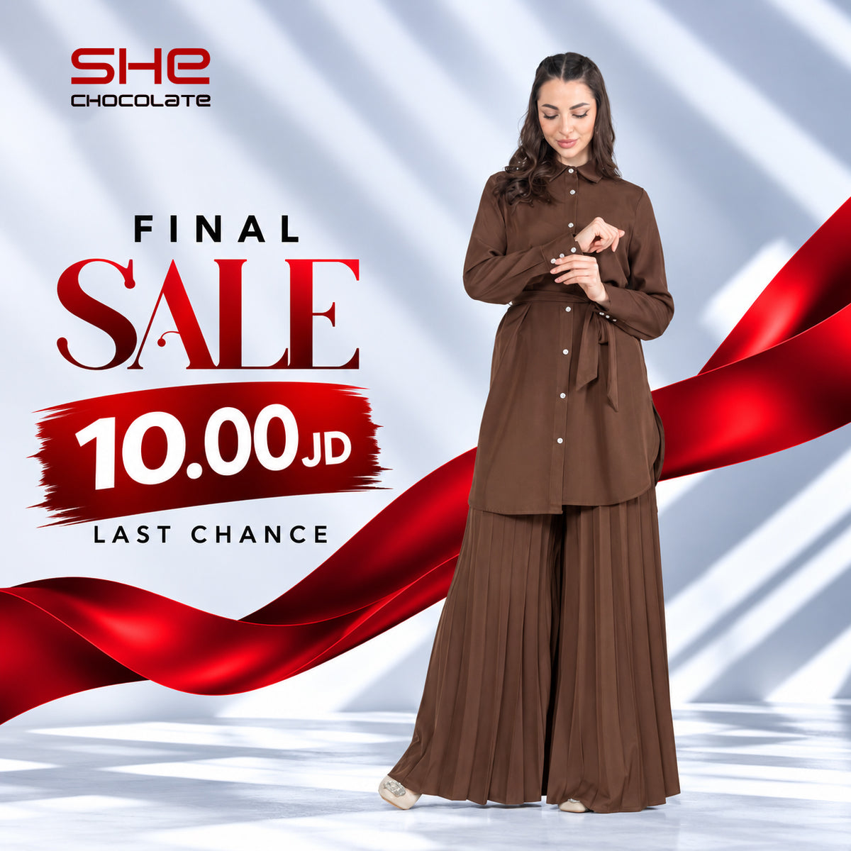 Belted Button Tunic & Pleated Pants Set - Brown
