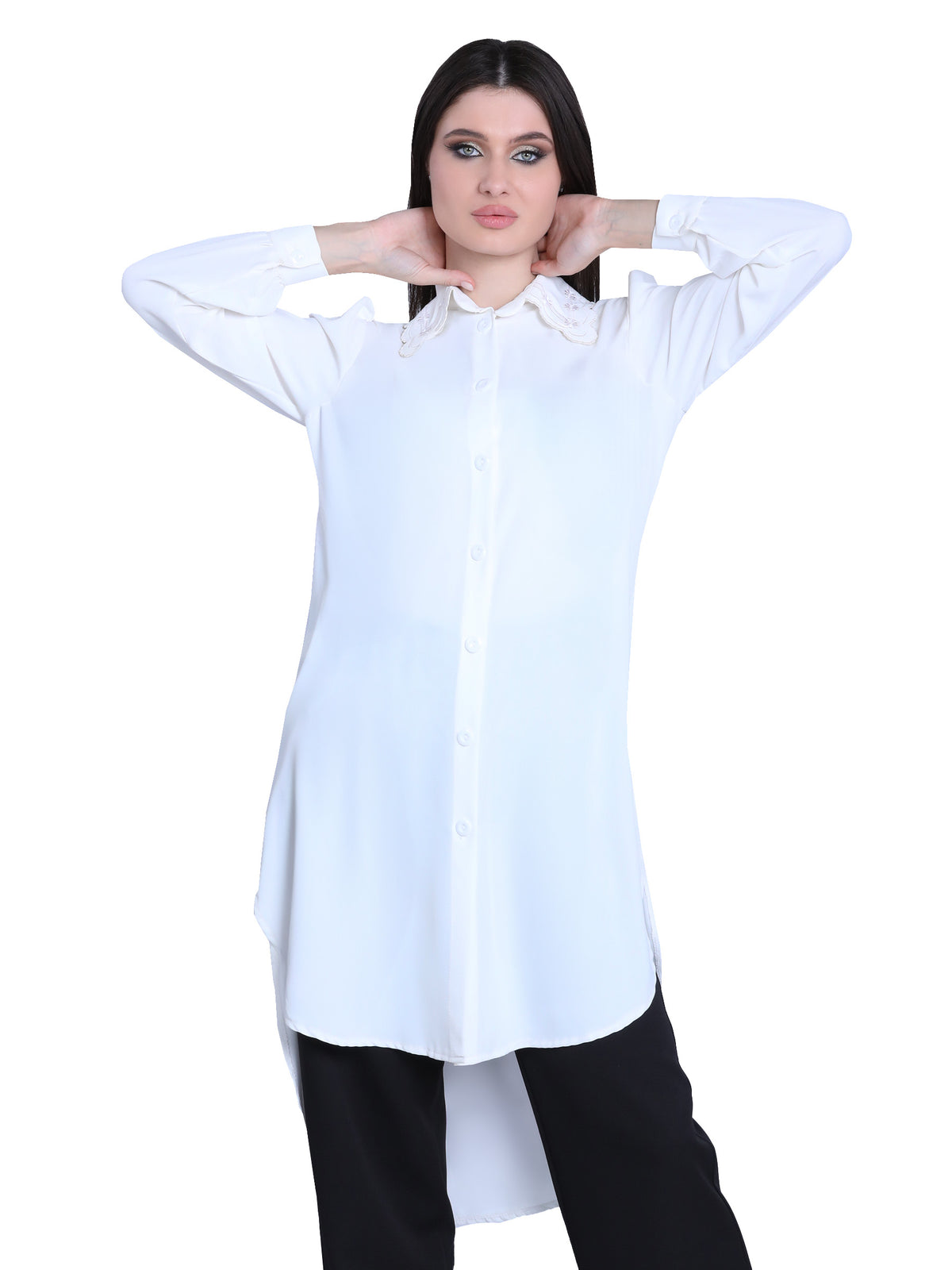 Long Blouse with Embroidered Collar