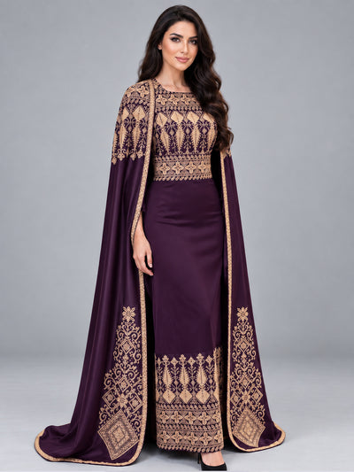 Malika embroidered thobe with cape - Purple & Gold