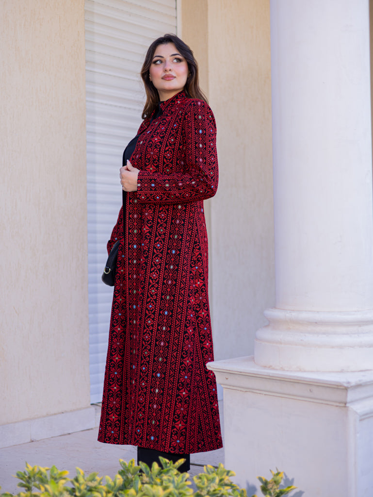Long Embroidered Jacket in Red or Beige