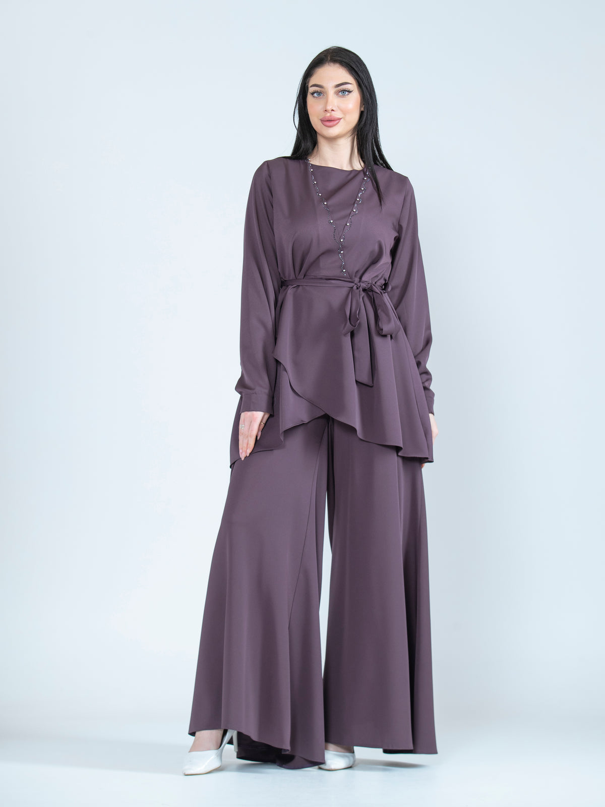 Hayfa Wide-Leg Pants Set with Belted Blouse