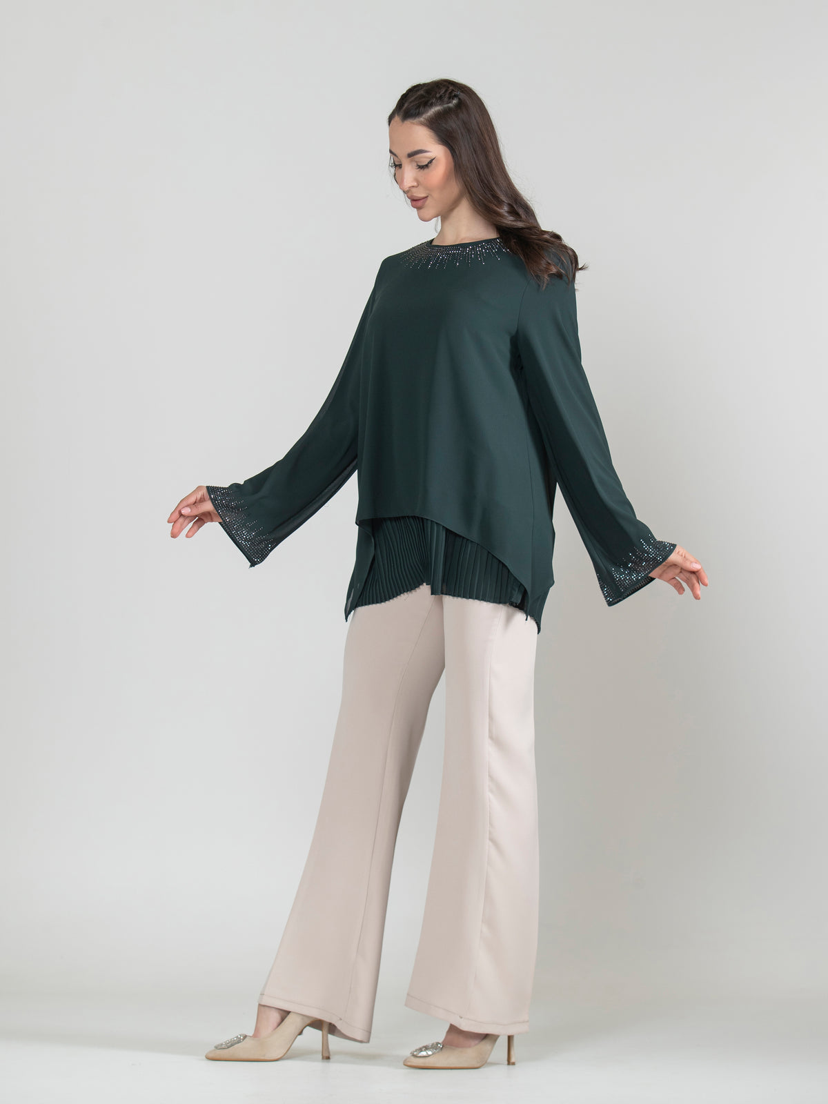 Pleated Strass Chiffon Blouse