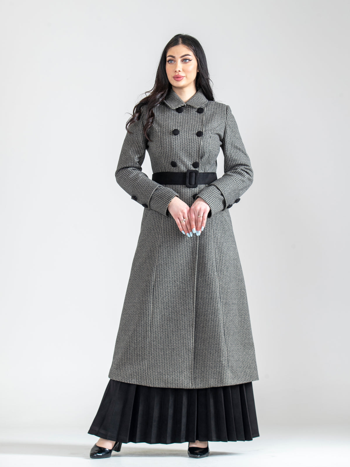 Suede Pleated Skirt Set with Long Jacket