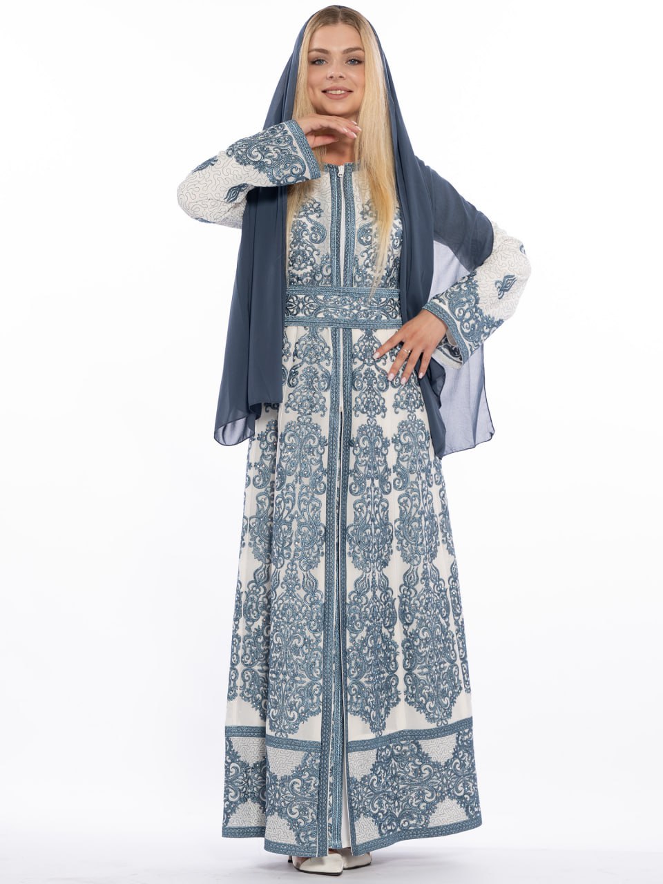 Cream Embroidered Kaftan with Front Zipper