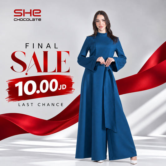 Flared-Sleeve Belted Tunic & Wide-Leg Pants Set - Petrol Blue