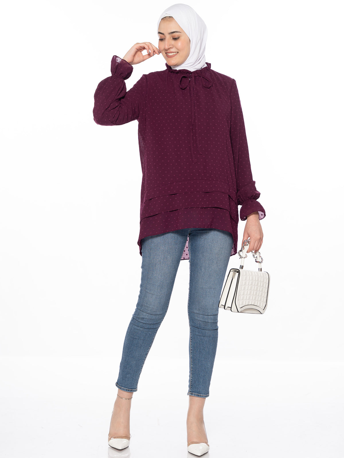 Tailored Blouse in Burgundy, White & Black