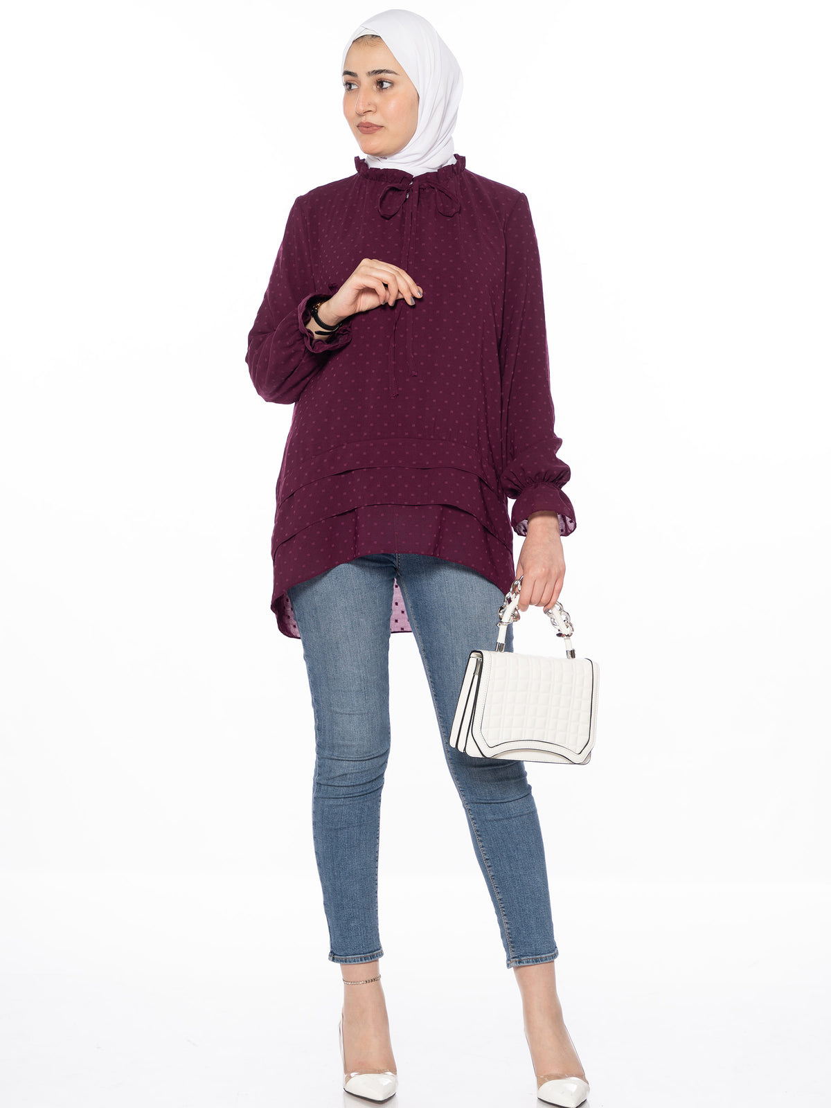 Tailored Blouse in Burgundy, White & Black