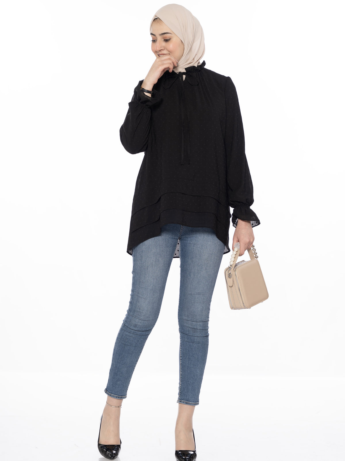 Tailored Blouse in Burgundy, White & Black