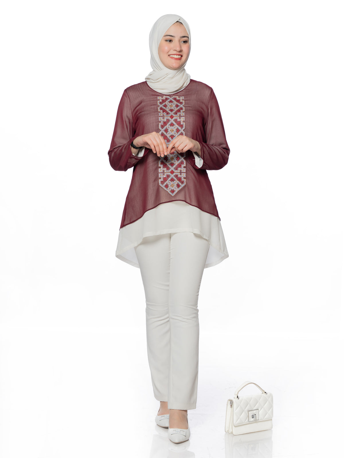 Embroidered Blouse in Maroon, Beige & Blue - She Chocolate