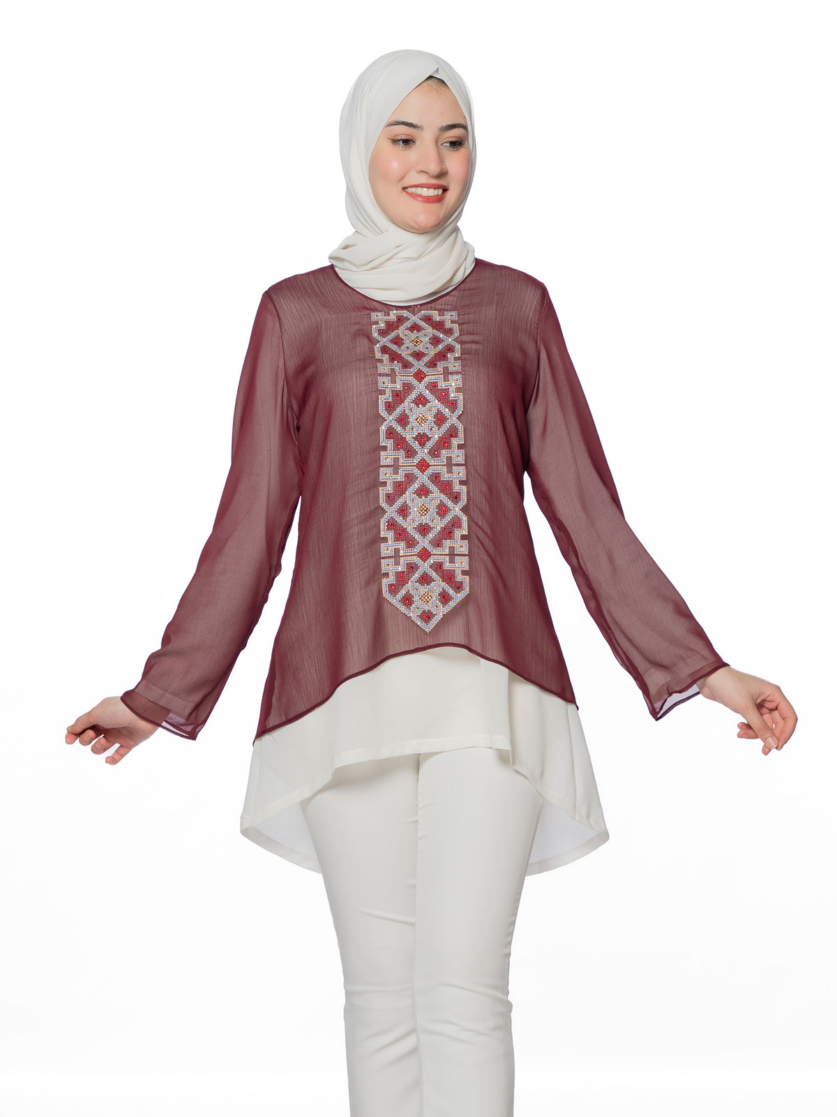 Embroidered Blouse in Maroon, Beige & Blue