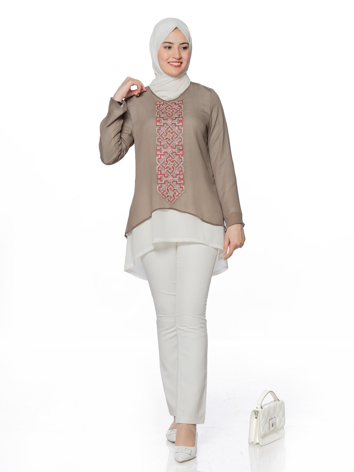 Embroidered Blouse in Maroon, Beige & Blue