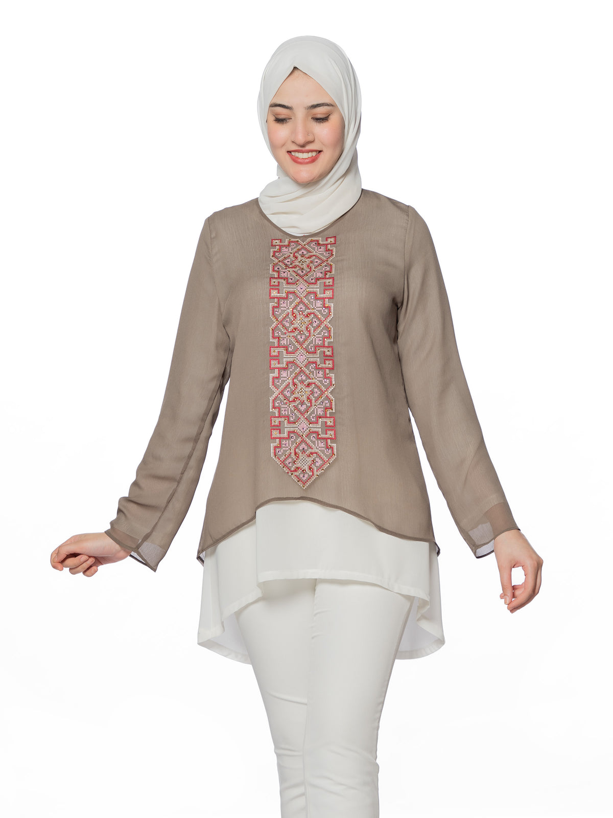 Embroidered Blouse in Maroon, Beige & Blue