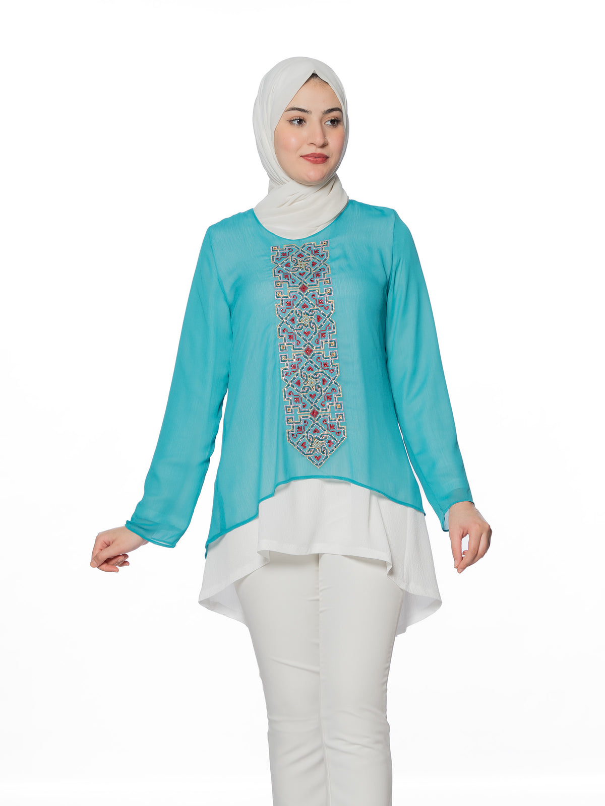 Embroidered Blouse in Maroon, Beige & Blue