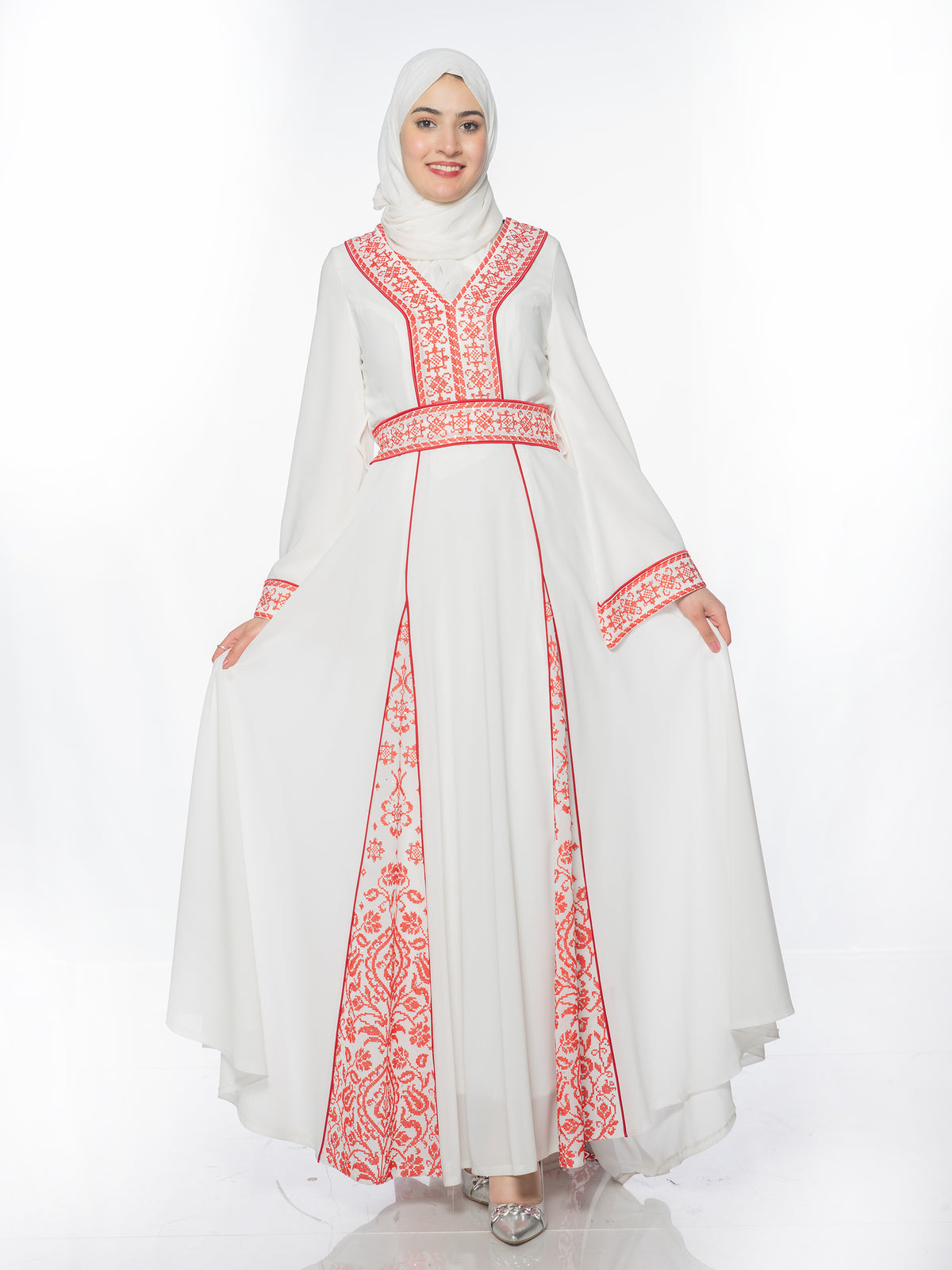 Elegance White Kaftan with Bold Red Embroidery - She Chocolate