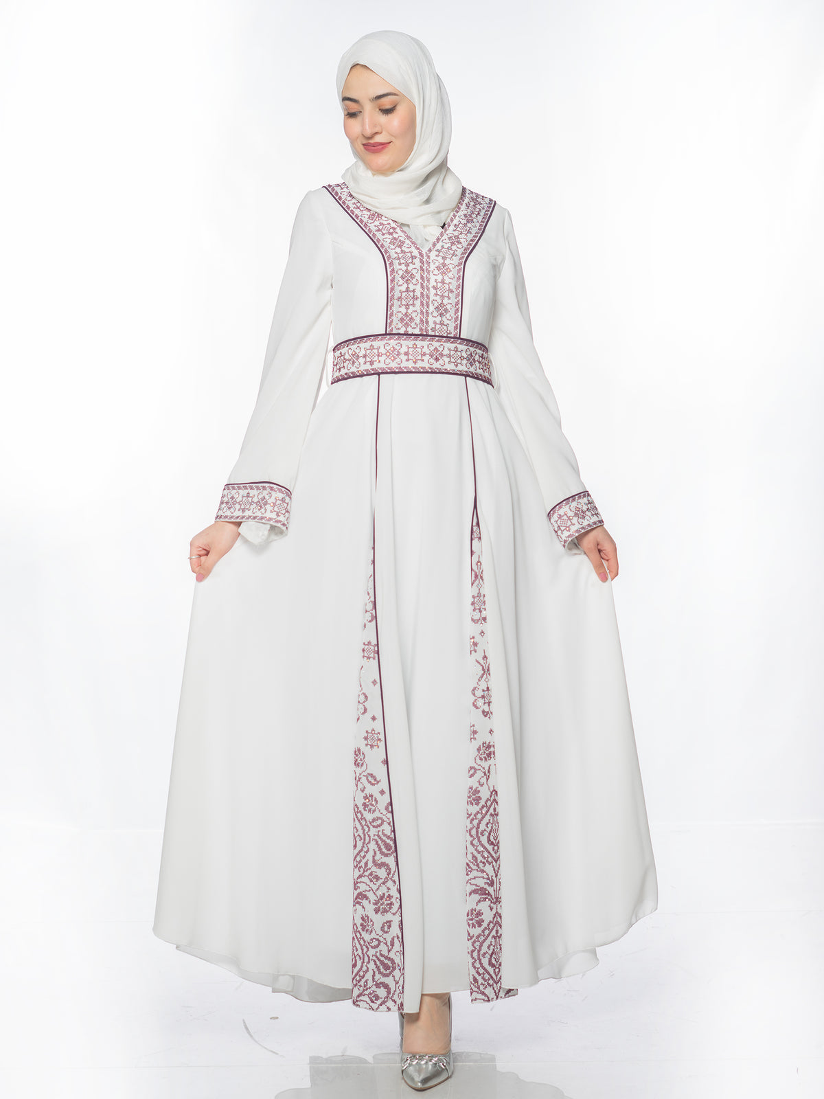 Elegance White Kaftan with Bold Red Embroidery