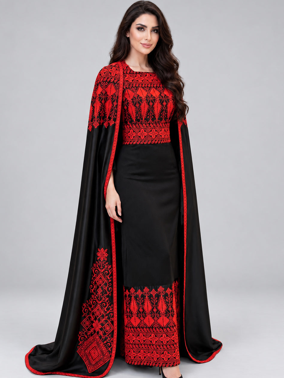 Malika embroidered thobe with cape - Black & Red