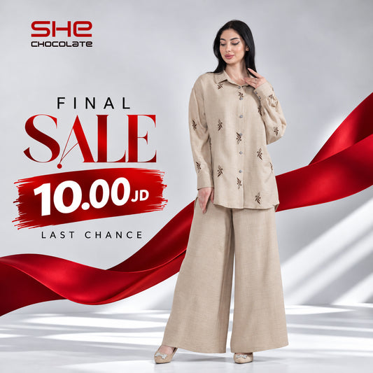 Embroidered Shirt & Wide-Leg Pants Set - Beige
