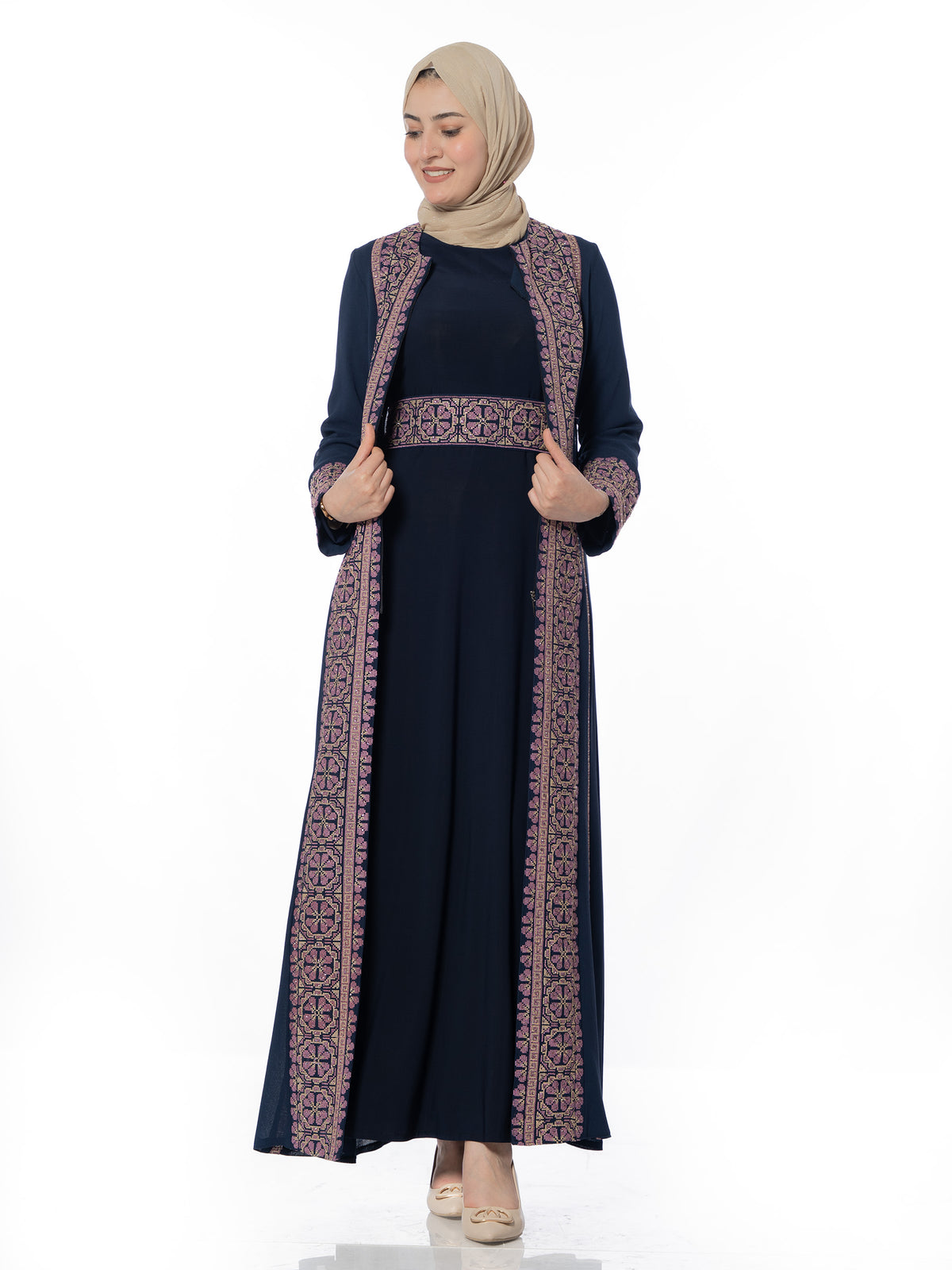 Nardeen Two-Piece Kaftan with Pink Embroidery - She Chocolate