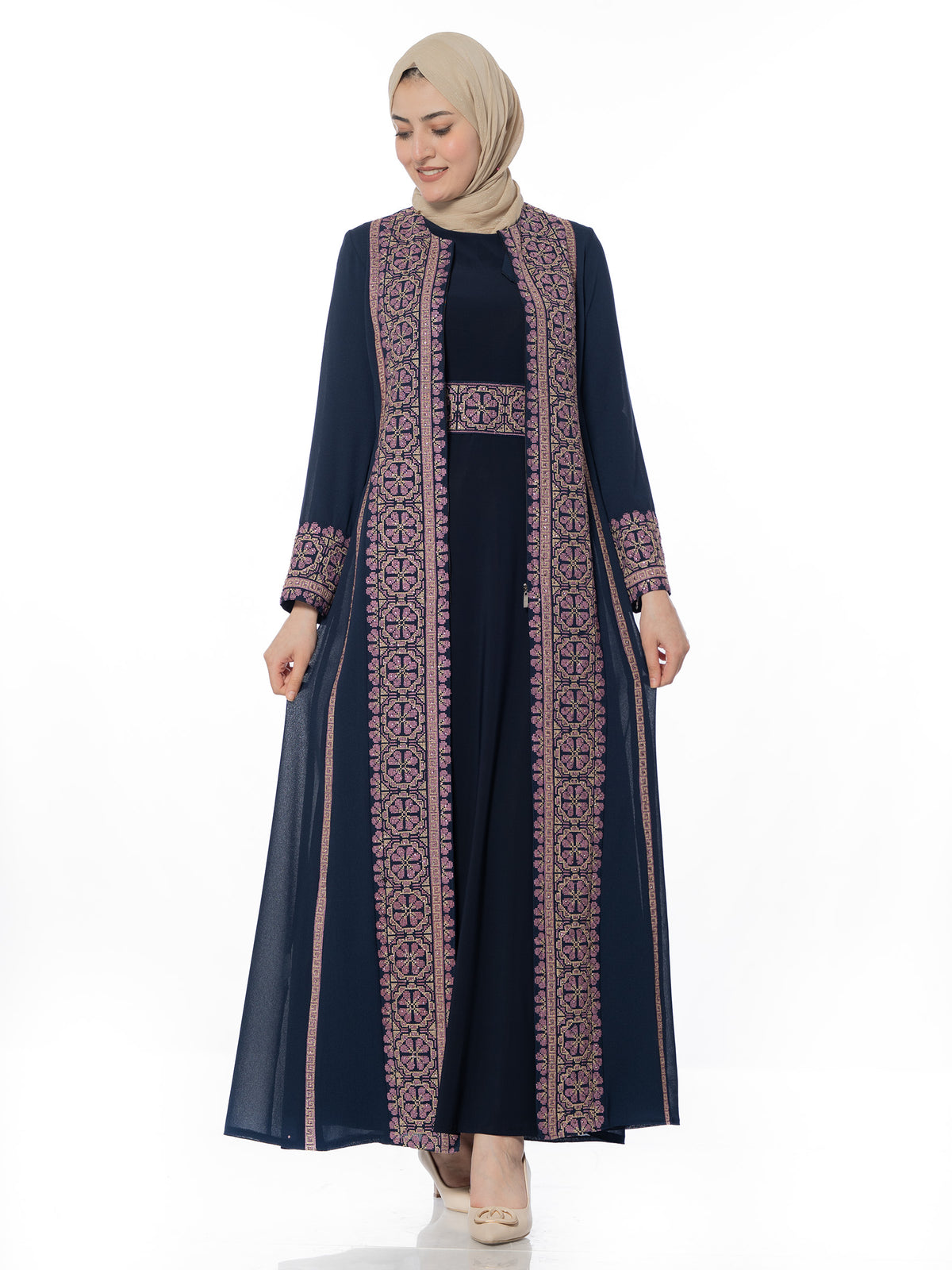 Nardeen Two-Piece Kaftan with Pink Embroidery