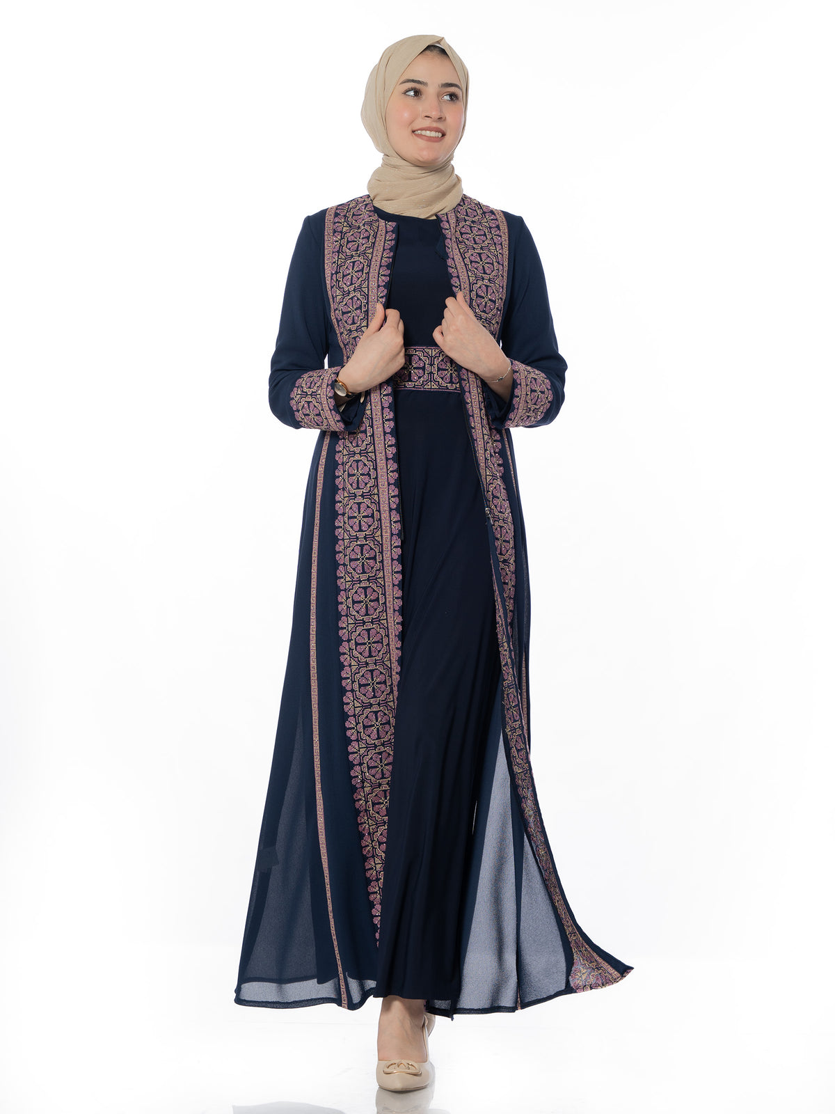 Nardeen Two-Piece Kaftan with Pink Embroidery