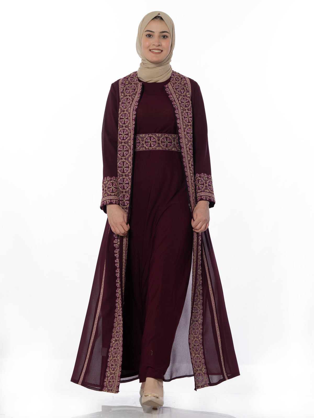 Nardeen Two-Piece Kaftan with Pink Embroidery