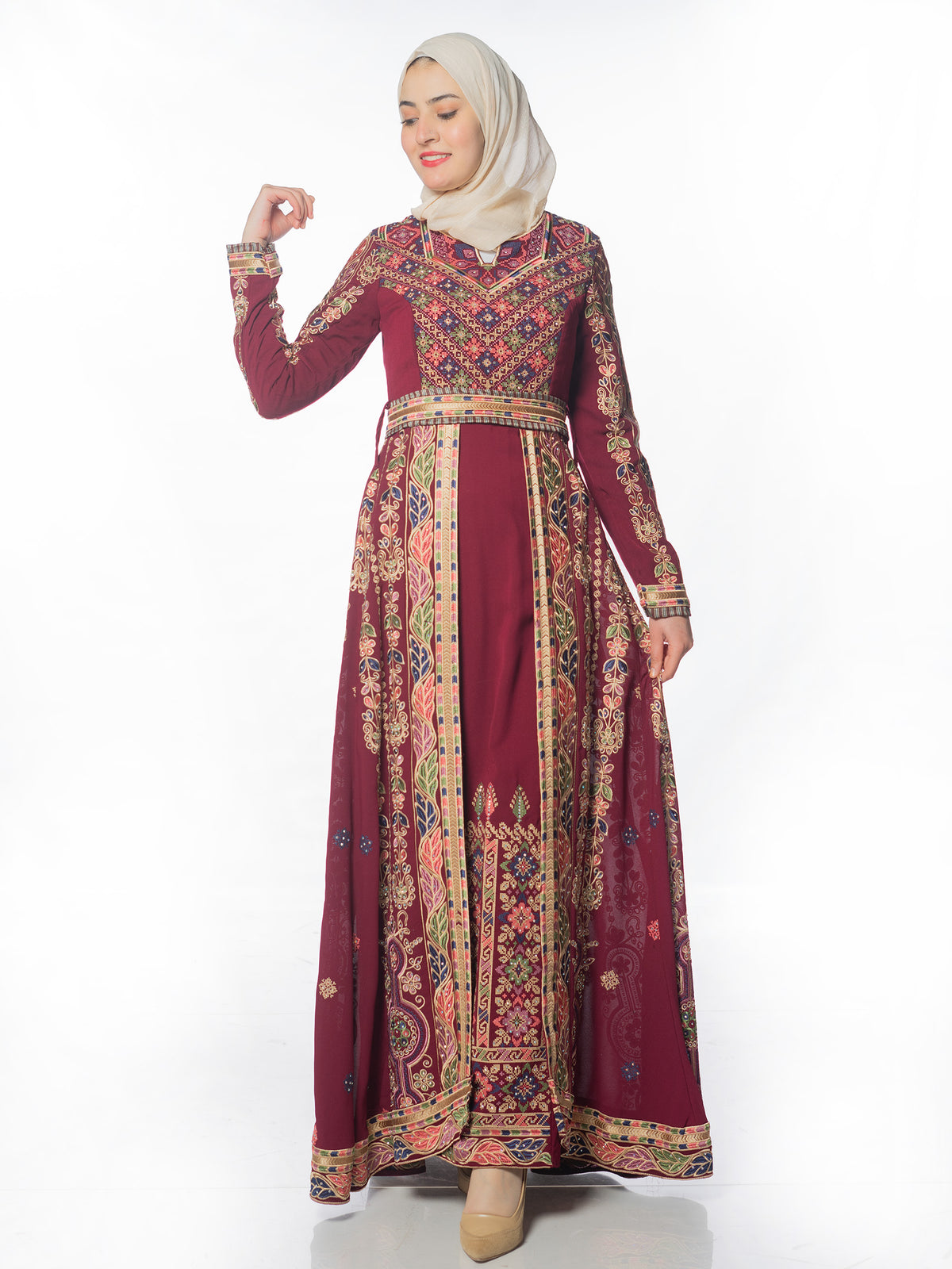Wijdan Embroidered Kaftan in Deep Tones