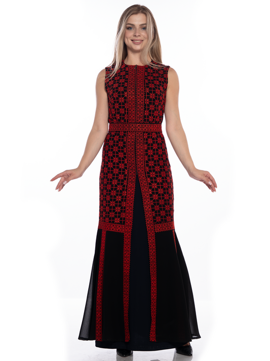 Dima Embroidered Bisht in Red & Gold - She Chocolate