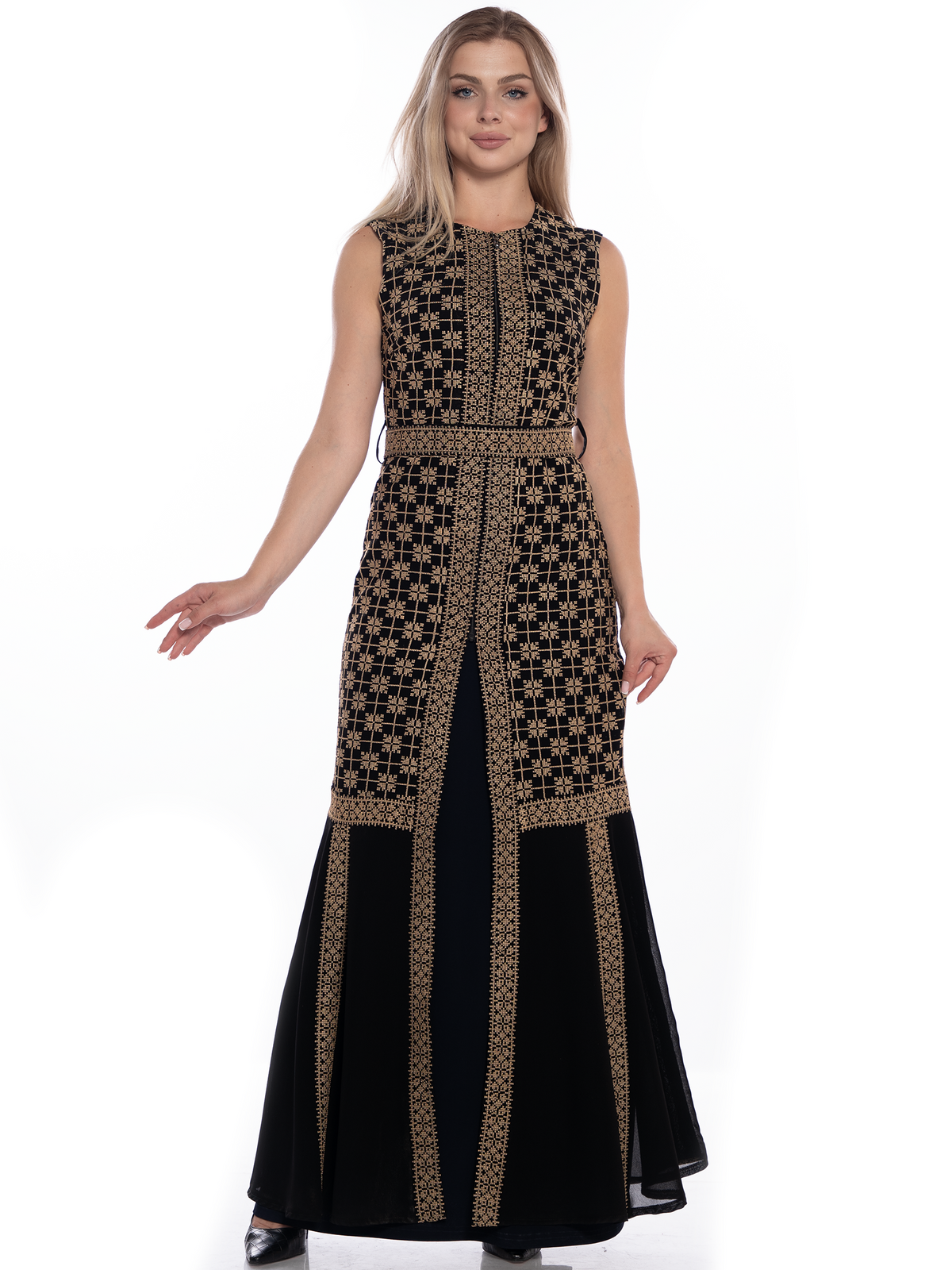 Dima Embroidered Bisht in Red & Gold