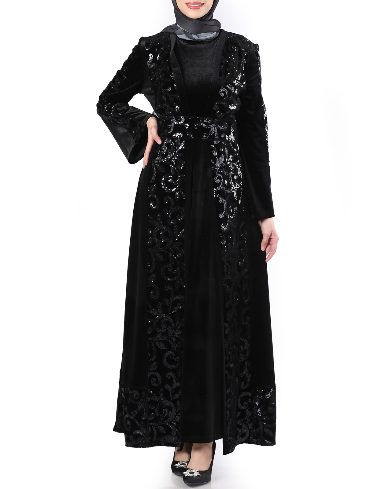 Lamar Two-Piece Black Bisht with Colored Embroidery