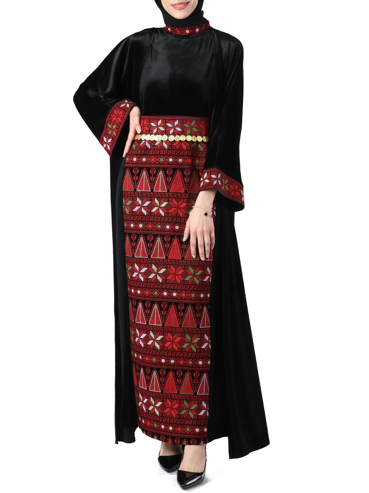 Rahaf Velvet Bisht with Golden Metal Belt