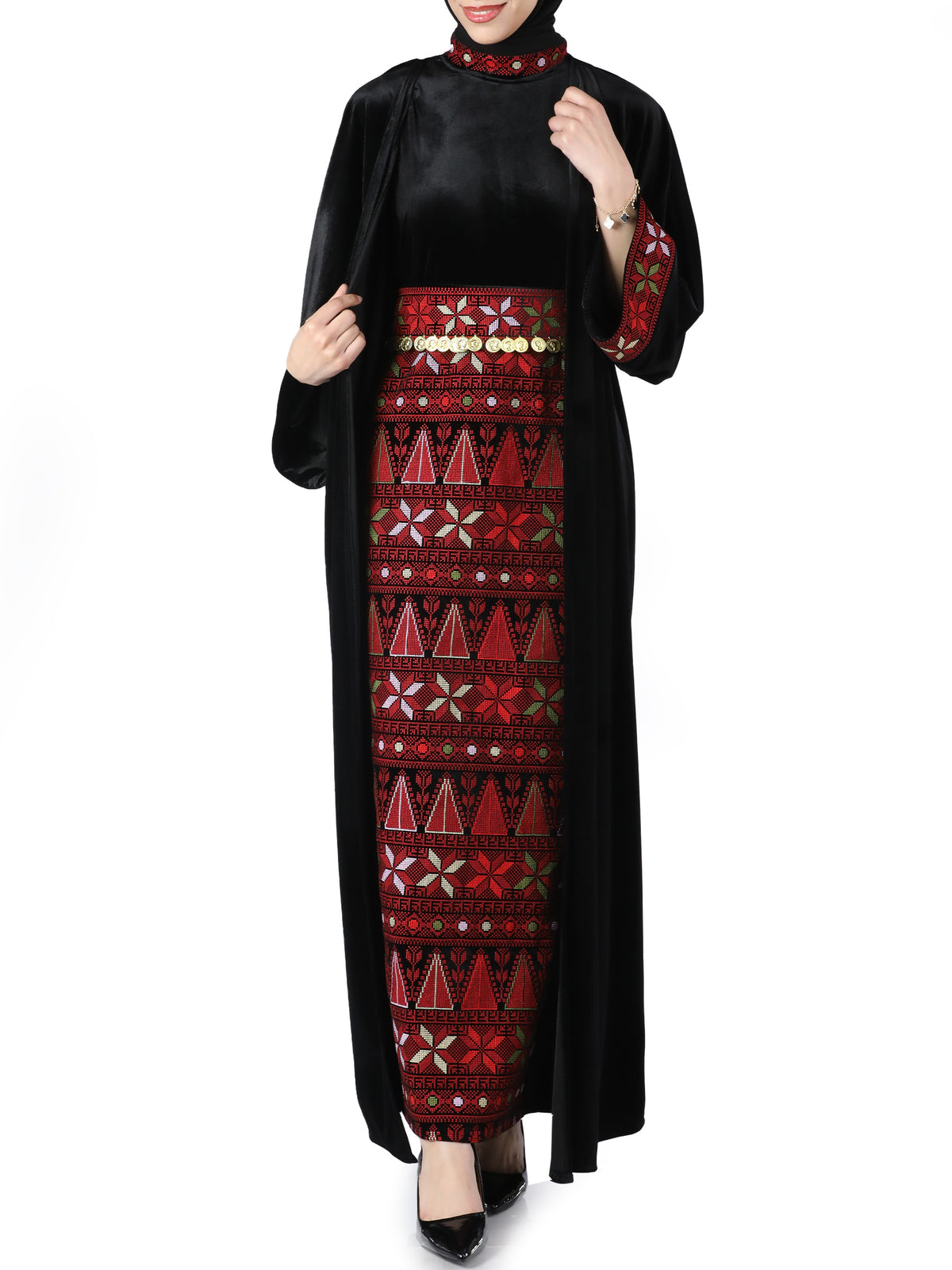 Rahaf Velvet Bisht with Golden Metal Belt