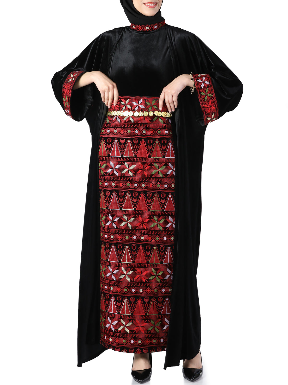 Rahaf Velvet Bisht with Golden Metal Belt
