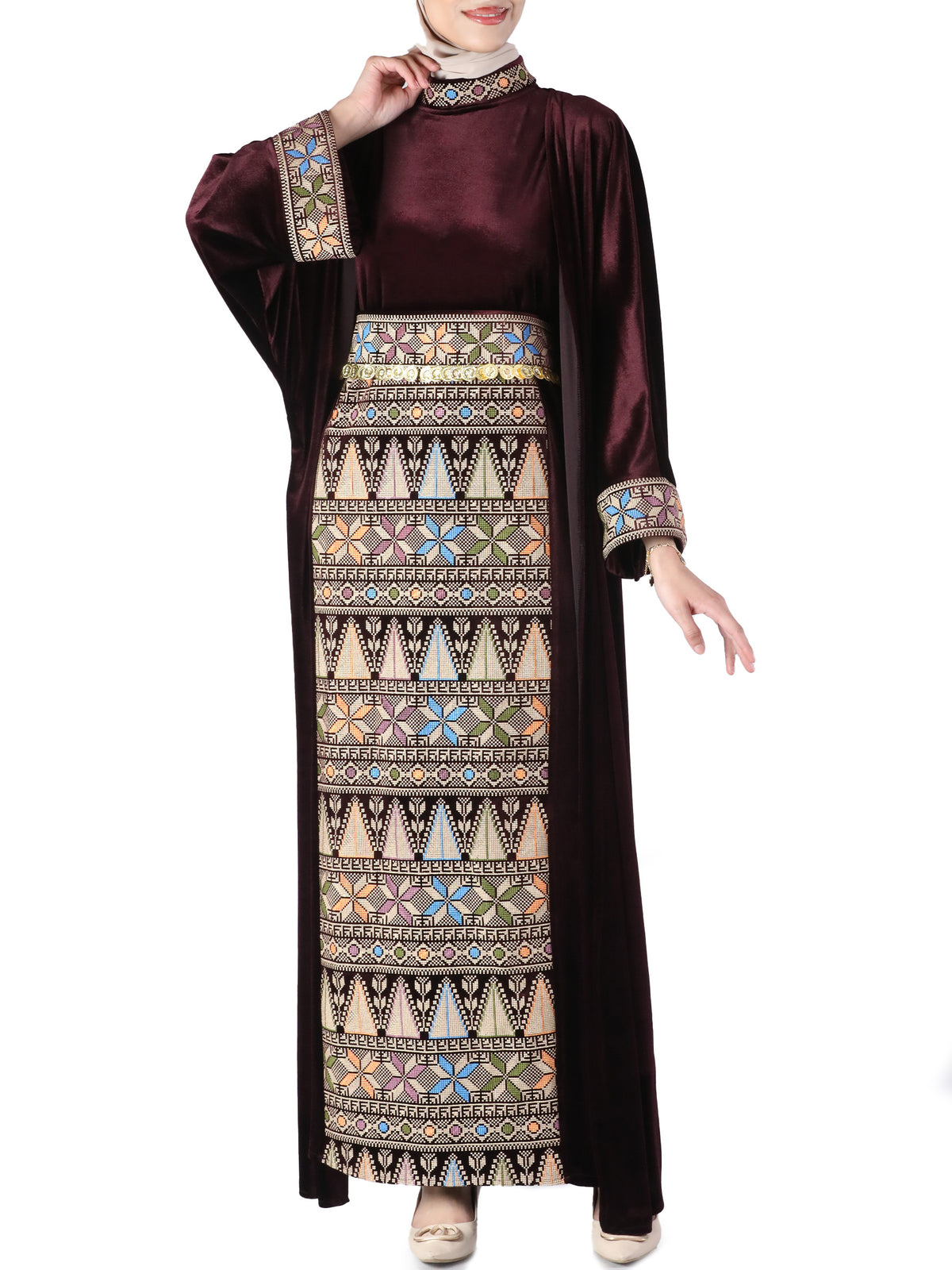 Rahaf Velvet Bisht with Golden Metal Belt