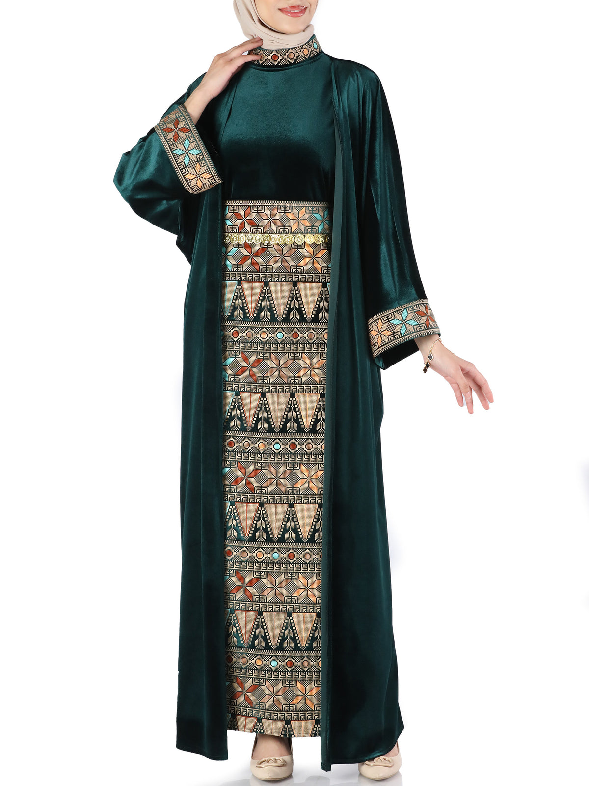 Rahaf Velvet Bisht with Golden Metal Belt - She Chocolate