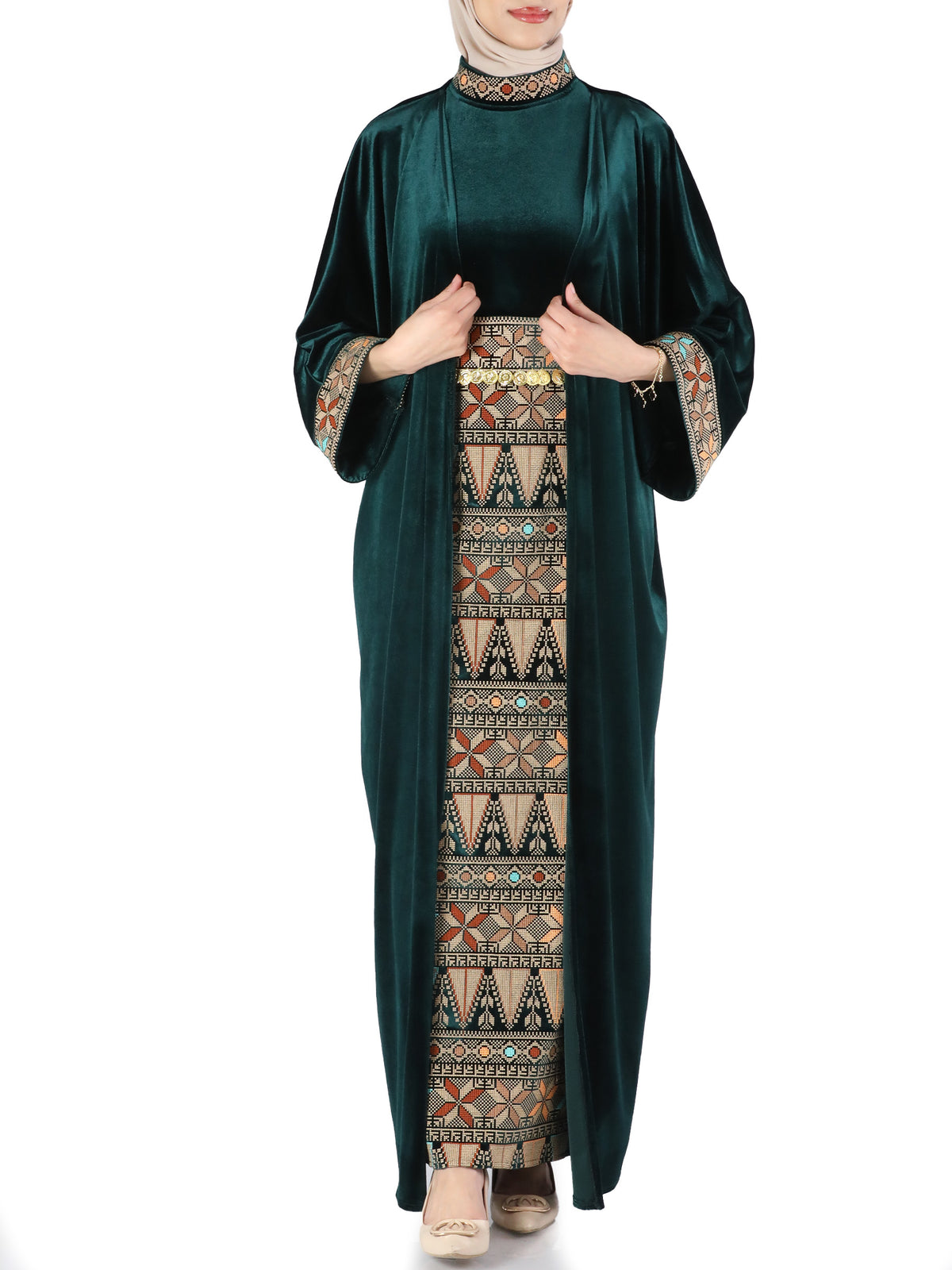 Rahaf Velvet Bisht with Golden Metal Belt