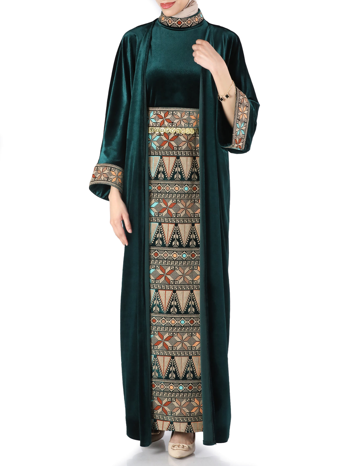 Rahaf Velvet Bisht with Golden Metal Belt