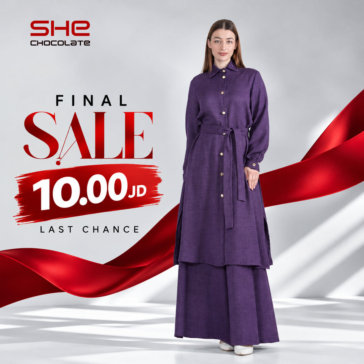 Long Belted Button Tunic & Wide-Leg Pants Set - Purple