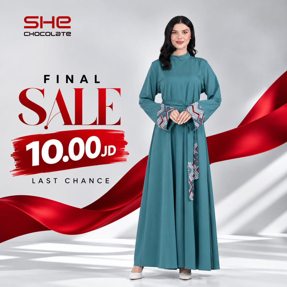 Maxi Dress with Embroidered Cuffs & Belt - Teal