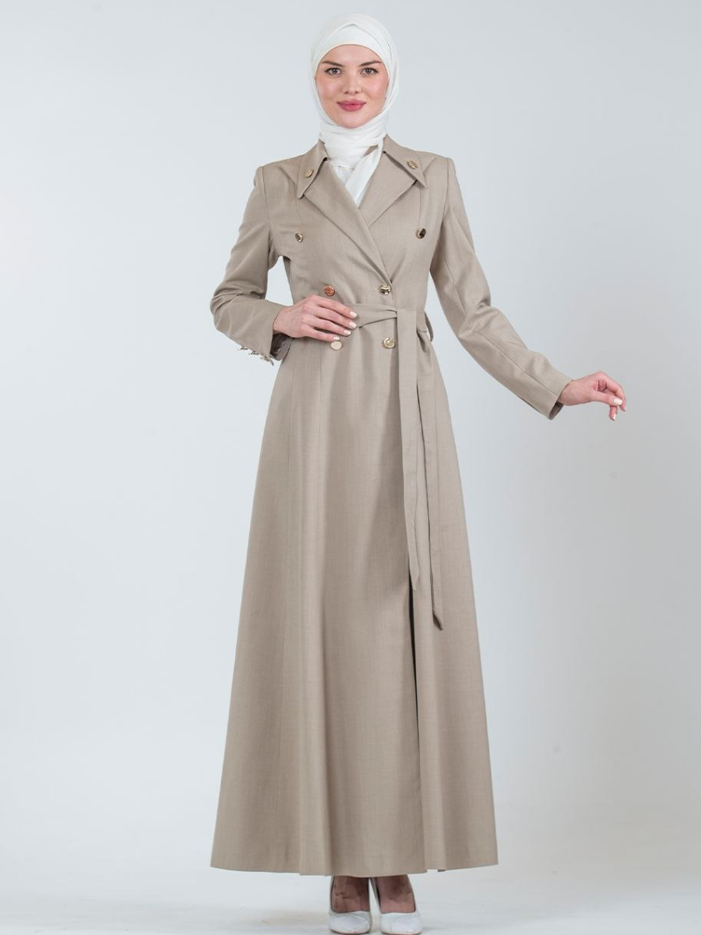 Double-Breasted Belted Trench Jilbab - Beige