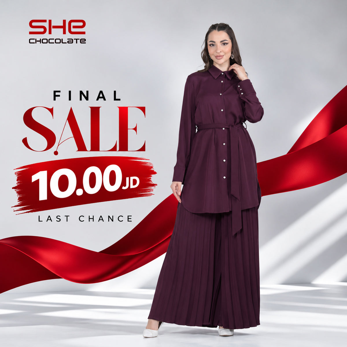 Belted Button Tunic & Pleated Pants Set - Eggplant