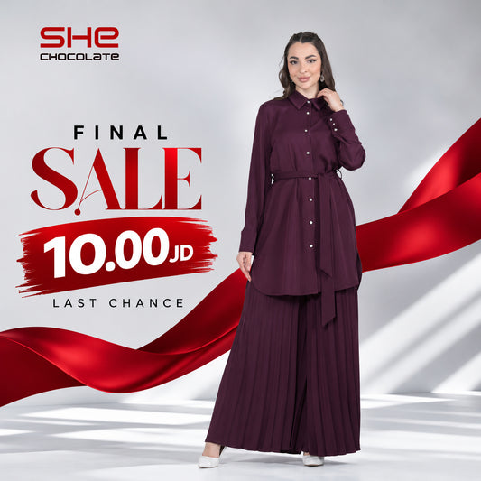 Belted Button Tunic & Pleated Pants Set - Eggplant