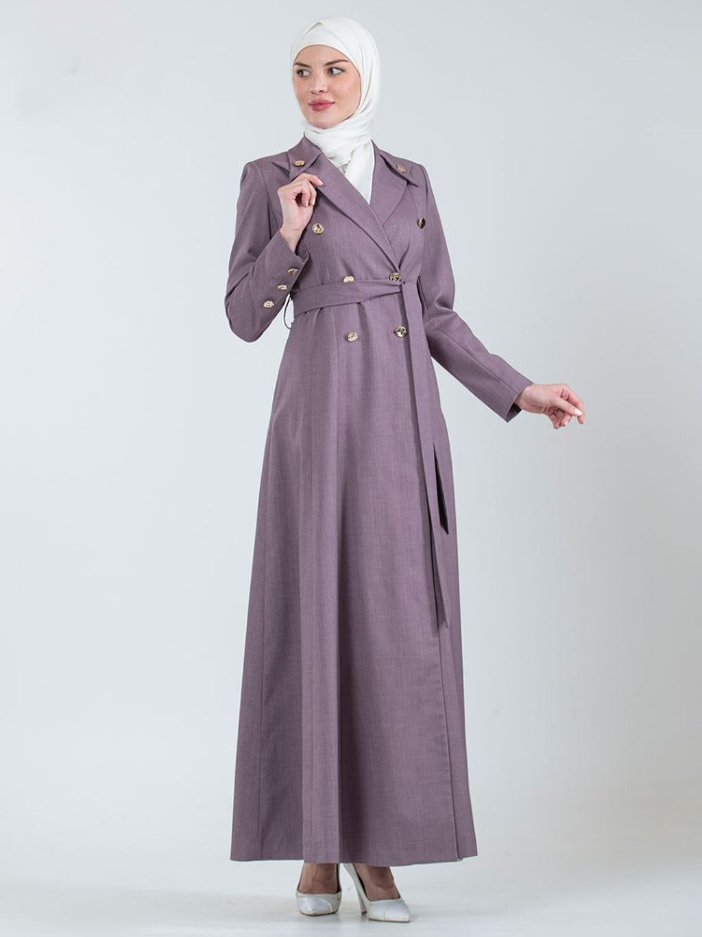 Double-Breasted Belted Trench Jilbab - Mauve