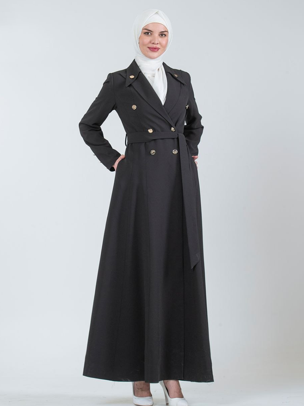 Double-Breasted Belted Trench Jilbab - Black