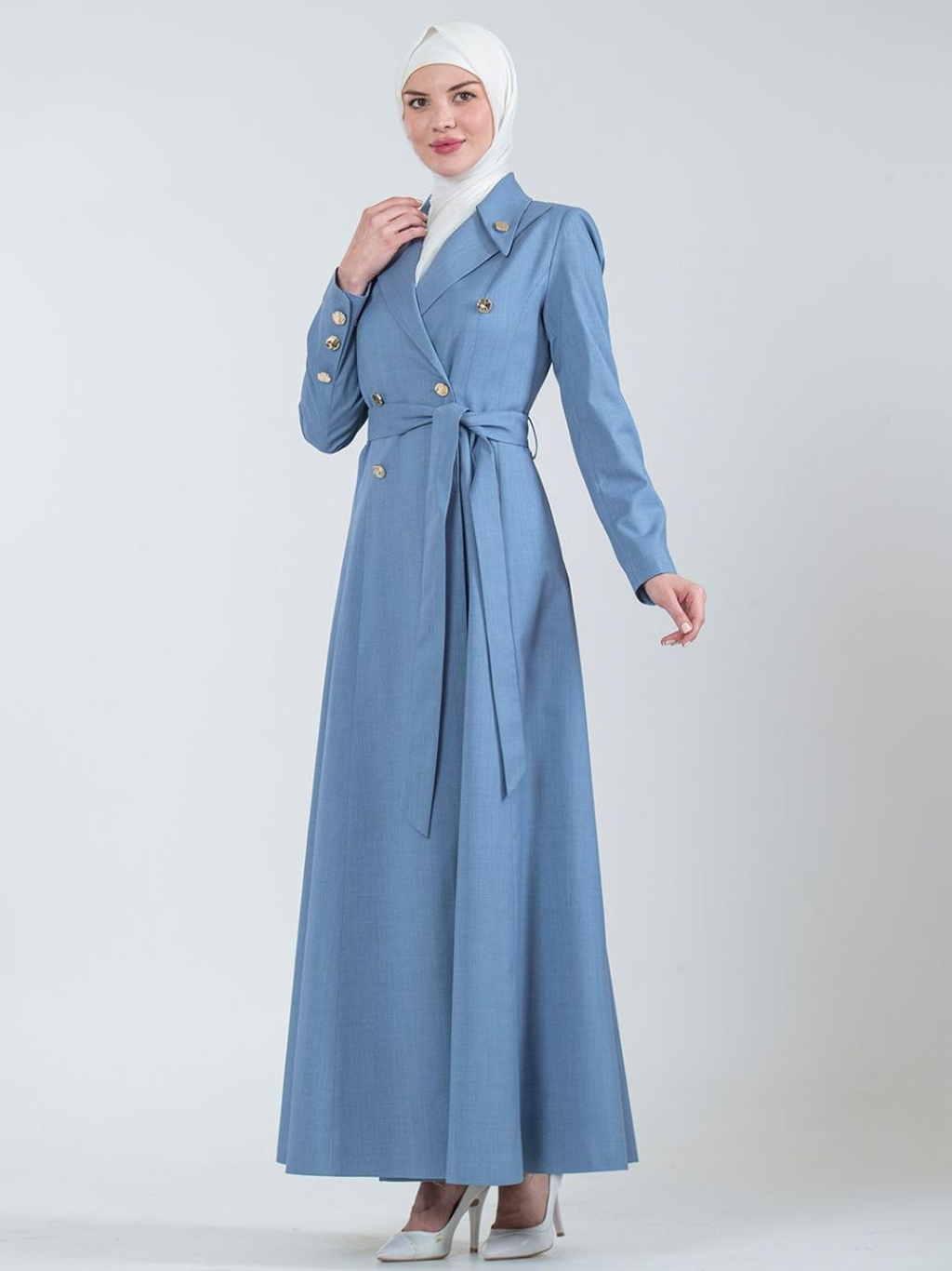 Double-Breasted Belted Trench Jilbab - Light Blue